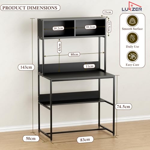 Image of Lukzer Study Table with Open Bookshelf | Engineered Wood with Metal Frame Desk | Modern & Space Saving Computer Workstation with Hutch for Home & Office (MST-010 /Black & Black /143x83x50 cm)