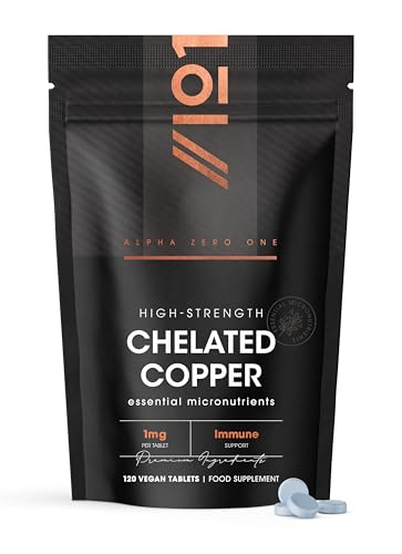 Chelated Copper Tablets 1mg - Pack of 120 - Supports Immunity - for Healthy Hair and Skin - Vegan and Gluten Free Resealable and Recyclable Pouch by Alpha01