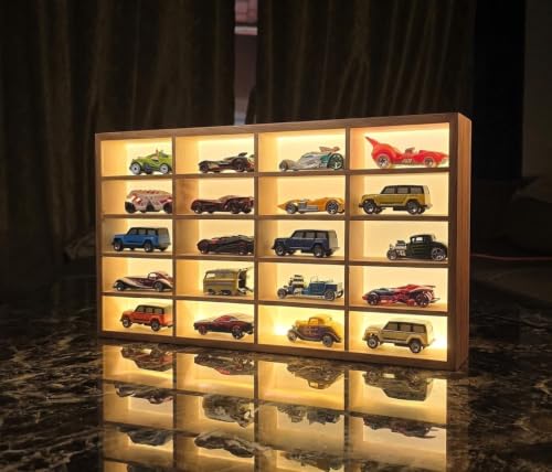 Image of BestofCRAFT Wooden Display for Cars LED 20-Compartment Die Cast Case - Polished Smooth Finish Display for 1:64 | Rack for Hot Wheels, Matchbox & Miniature Cars