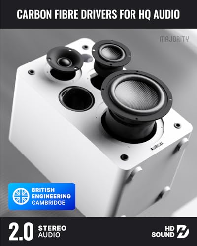 MAJORITY D100X Lautsprecher Boxen Bluetooth 5.3 | 100W Dreifach-Carbonfaser-Treiber PC Lautsprecher | Aktivlautsprecher HDMI ARC | Regallautsprecher mit RCA, Optich, Phono & AUX (Weiß)