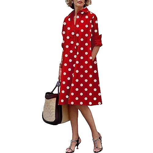 amropi Robe À Pois Femme Boutonné à Chemise Manches Longues Midi Robes avec Poches Rouge Pois,XL