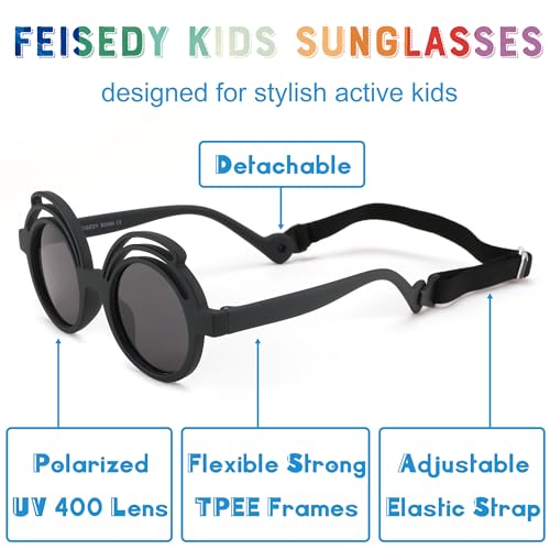 FEISEDY Baby Polarized Round Sunglasses Flexible Rubber Shades with Strap for Infant Toddler Newborn Age 0-24 Months B00604