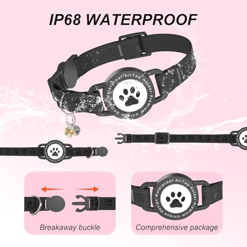 Image of (Black) GPS Tracker for Cats, Waterproof GPS Cat Trackers Cats Collar with Bells, No Subscription, GPS Cat Collar, Adapt with Apple Find My (iOS Only) Finder Tag for Vehicles, Pets, Kids