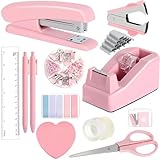 JOLYLINT Büroartikel Set, 14 Kit Rosa Schreibtischzubehör, mit Hefter, Klebebandspender-Set, Heftklammerentferner, Heftklammern, Büroklammer, Schere und Register, Lineal, Haftnotizen Zubehör