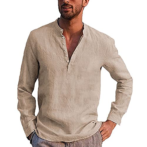 Dasongff Camisa de hombre para otoño e invierno, de manga larga, para verano, corte regular, para tiempo libre, de Henley, monocolor, de manga larga, para tiempo libre, playa, de negocios, para hombre Cover