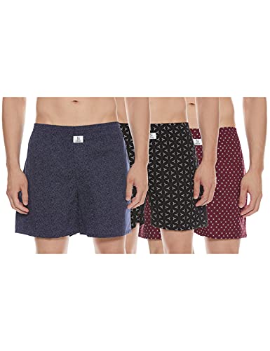 Image of Longies Pure Cotton Men Printed Boxers Pack of 3 Regular Shorts (LGBOXPO3V003 Maroon,Blue,Navy3271 2XL)