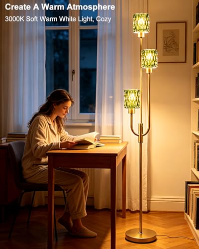 Image of 66IN Glass Floor Lamp 3-Lights Modern Gold Dimmable Floor Lamps with 3000K Warm White Bulbs for Wedding Party Tall Standing Lamp with Green Glass Shade for Living Room /Bedroom /Home Decor