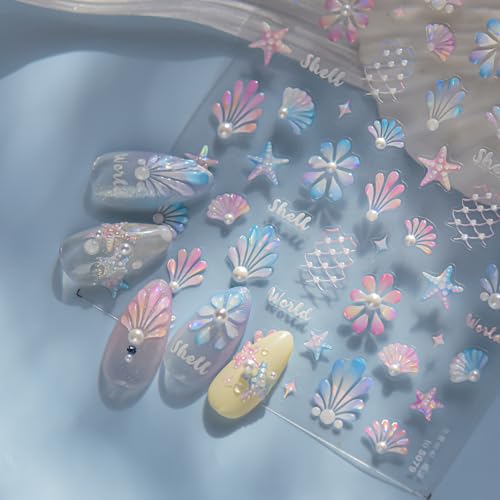 1 Sheet Summer Ocean Nail Sticker for Nail Art Laser Flower Nail Stickers 5D Self-Adhesive Cute Starfish Nail Decals with Pearl Crystal Diamond Design Nails Supplies Beach Shells Nails Decor for Women