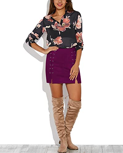 Image of MANGOPOP Women's Classic High Waist Lace Up Bodycon Faux Suede A Line Mini Pencil Skirt (Burgundy, Small)