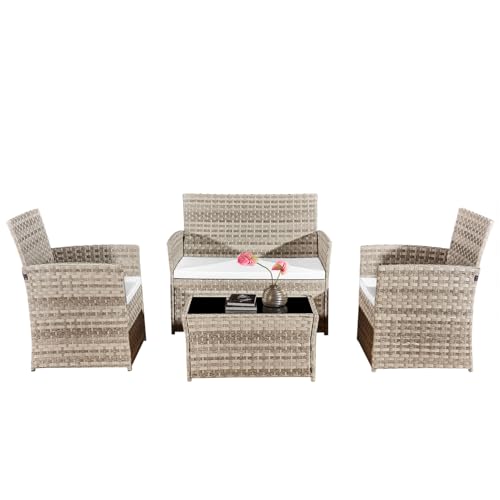 4 Seater Rattan Garden Furniture with 2 Rattan Chairs, 1 Outdoor Loveseat, Glass Coffee Table &...