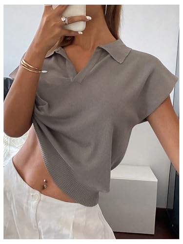 Verdusa Women's Dolman Short Sleeve Sweater Collar V Neck Lightweight Casual Pullovers3