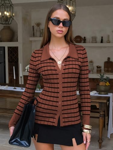 EXLURA Womens Fall Striped Cardigan Sweaters Long Sleeve Button Up Polo Collar Sweater Slim Knit Lightweight Trendy Tops 20252