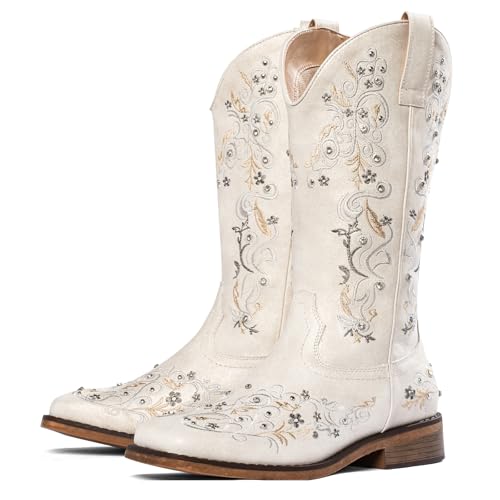 WrangWalker White Square Toe Rhinestone Cowgirl Boots | Vintage Retro Mid-Calf Western Cowboy Boots for Bridal Wedding & Bachelorette Parties US Size 10