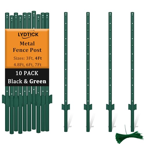 LYDTICK 10Pack Fence Posts 4Ft in Bulk Metal Fence Stakes Black Fencing Pole Heavy Duty T Post for Garden Wire Fencing Green
