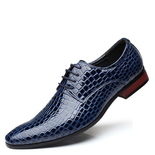 Men's Pointed Toe Leather Shoes Stylist Trendy Leather Shoes Glossy Face Stone Pattern(Blue,39) - Main Image