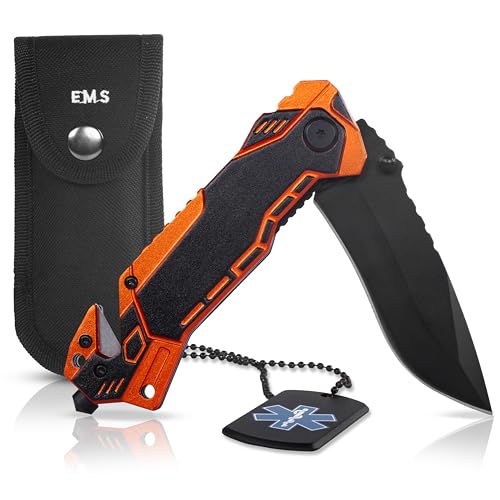 KOSxBO Rescue Knife EMS Rettungsmesser mit Glasbrecher und Gurtschneider inkl. Messertasche und Dog Tag - Messer Taschenmesser Outdoor Messer Klappmesser Survival Camping