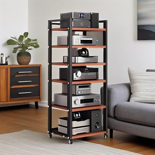 Support multimédia AV portable à 6 niveaux avec 4 roues, tour de rack audio beige pour systèmes stéréo, platines et lecteurs DVD - Modern Entertainment Center