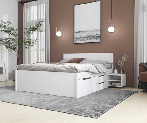 Inter Link - Bett mit Schubladen - Doppelbett 180x200 cm – Kojenbett mit Stauraum – Kiefer massivholz – 4 Schubladen und 2 Schubkasten – Inkl Lattenrost – Weiß lackiert – Efetivo 180x200cm