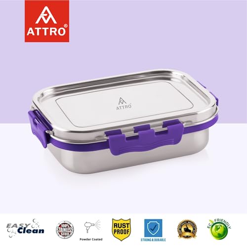 Image of ATTRO Shine Medium Stainless Steel Lunch Box 2-Piece Set - 800ml + 150ml - Leak-Proof, BPA-Free, Compact & Durable - Ideal for Kids, Office, Travel - Purple