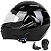 Motorcycle Bluetooth Modular Helmet, DOT Approved Dual Visor Full Face Flip Up Bluetooth Integrated Motorcycle Helmet for Adults Men and Women (Bright Black,Medium)