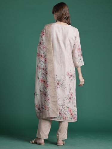 Image of INDO ERA Women's Straight Linen Floral Printed Embroidered Kurta & Pant with Dupatta Set