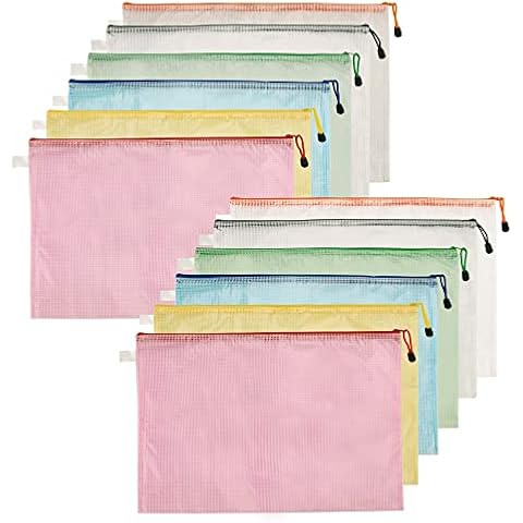 Plastic Wallets, 12Pcs A3 Plastic Folders Document Wallets Grid Zip Wallets School Folders Zip Bags for School, Office, Home Cover