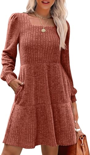 TrendiMax Damen Langarm Pullover Kleid Herbst Winter Freizeitkleid Knielang Strickkleid Casual Bequem Herbstkleid mit Taschen (XL, Rot)
