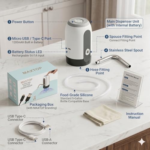 Image of NEXURA || MAXTOP Automatic Water Dispenser, USB Type-C Rechargeable, 1200mAh Battery, Stainless Steel Spout, for 5-Gallon Bottles