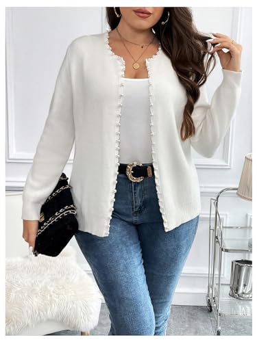Women's Plus Size Pearls Beaded Cardigan Open Front Long Sleeve Casual Sweater Top4