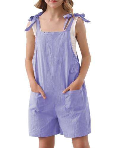 Image of Girls Romper Sleeveless Adjustable Tie-Up Strap Short Jumpsuits Summer Clothes with Pocket 5-12 years