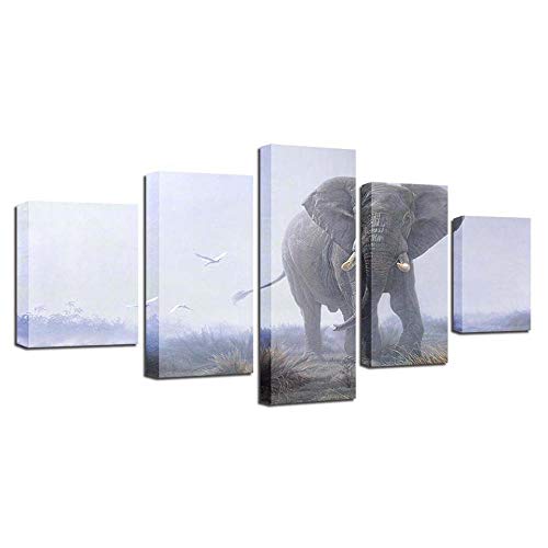 Tableau éléphant 5 pièces déco salon moderne nature sauvage
