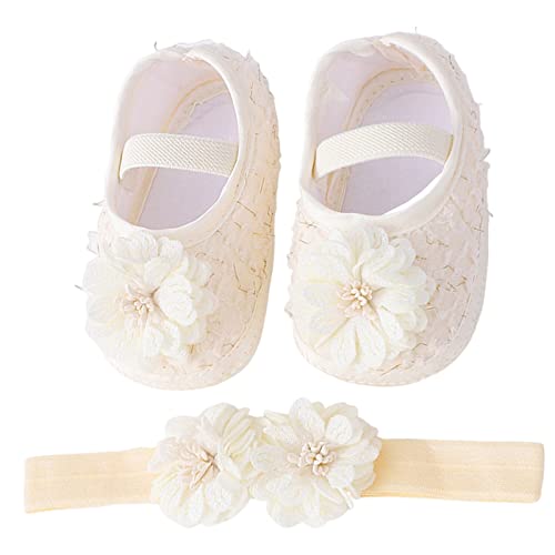 Baby Shoes with Hair Band Fashion Soft Soled Infant Shoes Versatile Dress Flower Princess Shoes Girls Fancy Shoes (Beige, 3.5 Infant)
