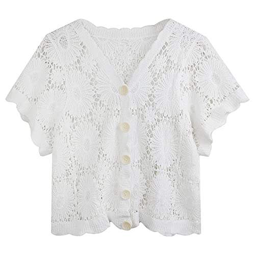 Crop Top Mujer - Cárdigans De Mujer, Manga Corta, Gancho, Flor, Hueco, Blusas Sólidas, Chaleco Clásico, Chaleco Con Cuello En V, Elegante, Tierno, Elegante, Combina Con Todo, Botonadura Simple Cover