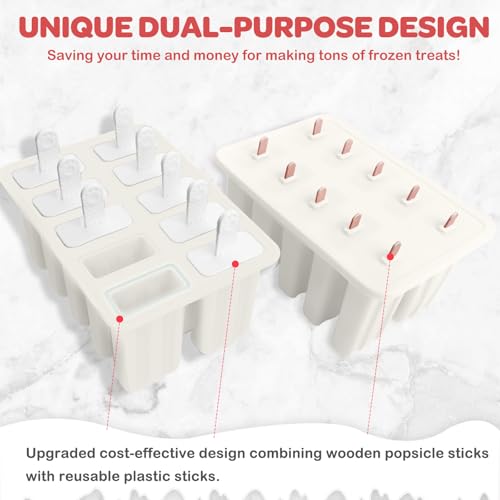 Image of 10-Cav Popsicle Molds, Silicone Ice Pop Mold for DIY Frozen Treats | with 10 Reusable Sticks, 50 Wooden Sticks, 50 Storage Bags, Funnel, Brush, Recipe, Make Healthy Pops, Smoothies, Juice