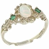 Solid Sterling 925 Silver Natural Opal & Emerald Victorian Style Ring Size V 1/2 White stone engagement ring