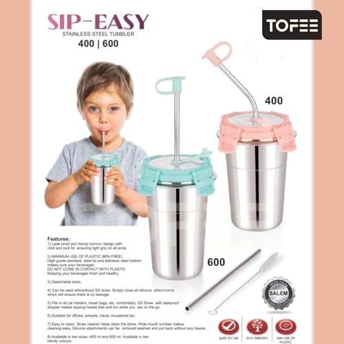 Image of TOFEE Stainless Steel Tumbler with Lid, Straw & Cleaning Brush (Each 400ml) Leakproof Travel Cup, Reusable & Durable, Sippy Cups for Home, Office & Outdoors (2, Pink)