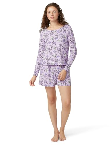 HUE Women's Soft Pajama 2 Piece Set Includes Long Sleeve PJ Tee and Waffle Boxer Shorts, Pastel Lilac - Bulldog Buddies, X-Large