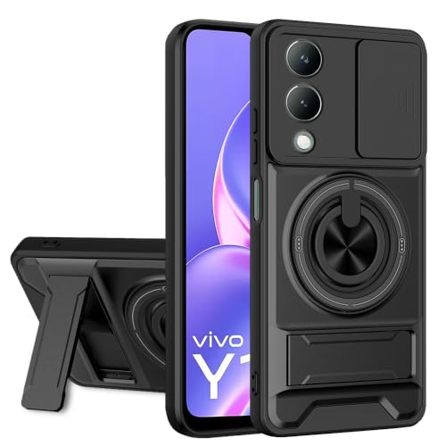 Image of AESTMO Vivo Y17S Back Cover | Armor Camera Slider 360 Degree Rotating Finger Ring Holder Case with Bracket Stand Back Case Cover (Compatible with MagSafe Accessories) (Black)