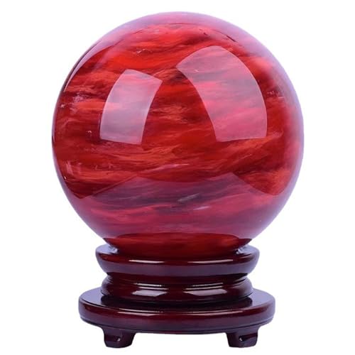 Red Crystal Sphere Ball Gemstones Stones Crystals Quartz Crystal Sphere Stone Ball with Wooden Stand for Divination Decor,80mm