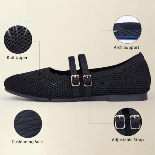 Image of Frank Mully Women's Flats Square Toe Mary Jane Shoes Ballet Flats with Strap Comfortable Slip On Knit Shoes Dressy Casual