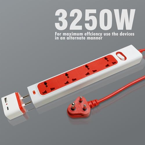 Image of MX Extension Board with 18W USB C GaN Charger 4 International Power Sockets, 2500W Output, 5 feet / 1.5 Meters Long Cable, Wall Mount Option, Supports Laptop Charging for Office, Home Appliances