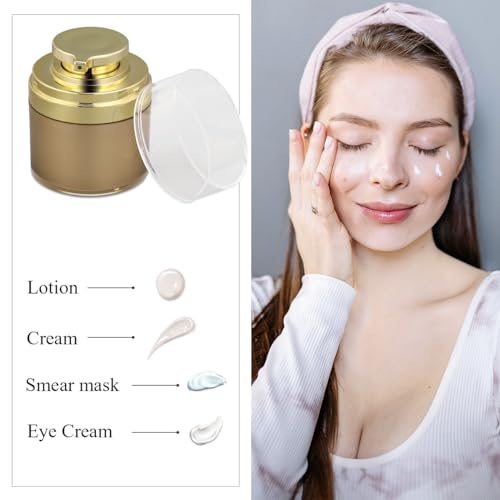 2-pcs 1.7oz Airless Pump Jar, Refillable Cream Jar Vacuum Bottle Travel Size Empty Container for Cream and Lotion (1.7 oz-Gold)3