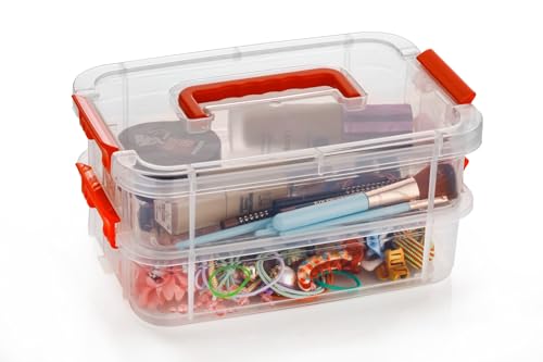 Image of plastic boxes for Storage transparent boxes for storage, Portable & Stackable Space Saving Organiser with Lid for Medicine, Jewelry, Arts & Crafts, Buttons, Beads (Red, 2 TIER)