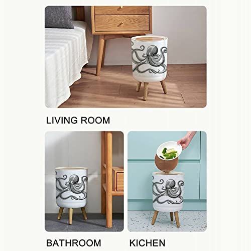 Image of Small Trash Can with Lid Octopus Hand Drawing Vintage Engraving on White backgroud Garbage Bin Wood Waste Bin Press Cover Round Wastebasket for Bathroom Bedroom Office Kitchen