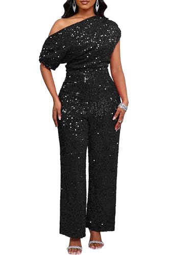 VERWIN Women's Sequin Jumpsuit Elastic Ruffle One Shoulder Wide Leg Sparkly Party Cocktail Romper XL Black