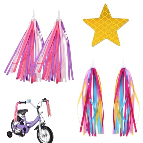 KARELLS Serpentinas para Manillar,Bicicleta Manillar Cintas,niños Serpentinas para de Scooter,Accesorios para Bicicletas para niñas y niños 2pc,con Pegatinas Reflectantes 1pc (1, Rosado+Coloreado)