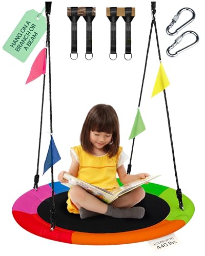 PLAYVIBE 40" Saucer Swing for Kids - Indoor or Outdoor Round Tree Swing with 440 lb Capacity - Multicolor 600D Oxford Fabric Seat Adjustable Ropes, Straps & Carabiners - Backyard or Playroom Swing