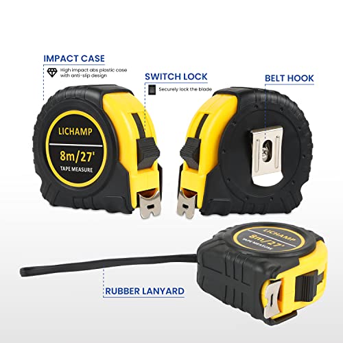 Lichamp 27Ft/8M Sae And Metric Tape Measure 6 Pack, Retractable And Easy Read Measuring Tape Bulk Set, Min 1/8 Inch Fraction And 1Mm Scale #TOP5