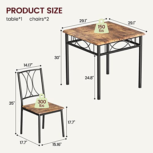 CABIHOME Dining Table Set for 2, 3 Piece Kitchen Table Set for 2, Square Kitchen Table Set of 2, Dining Table Set for Small Space, Apartment, Dining Room, Retro Brown