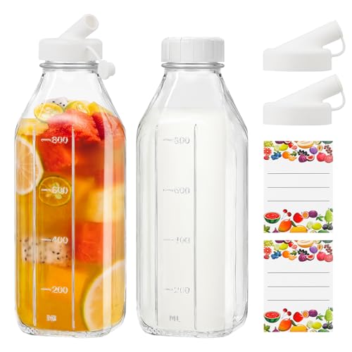 Fonyet Lot de 2 bouteilles verre 1 litre avec couvercle et autocollant, réutilisables bouteilles de lait en verre pour le lait frais, les smoothies, les jus,...